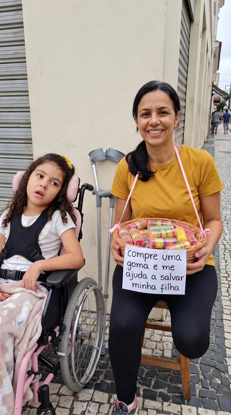 Elaine com as muletas cinza e a cestinha de balinhas que rodou 12 km por dia durante 8 anos